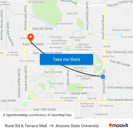 Rural Rd & Terrace Mall to Arizona State University map