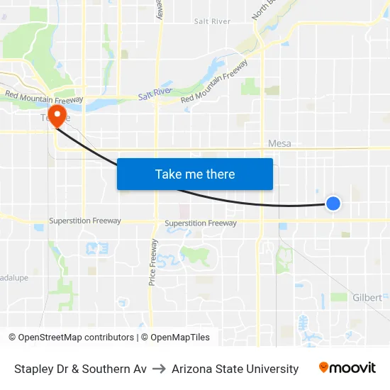Stapley Dr & Southern Av to Arizona State University map