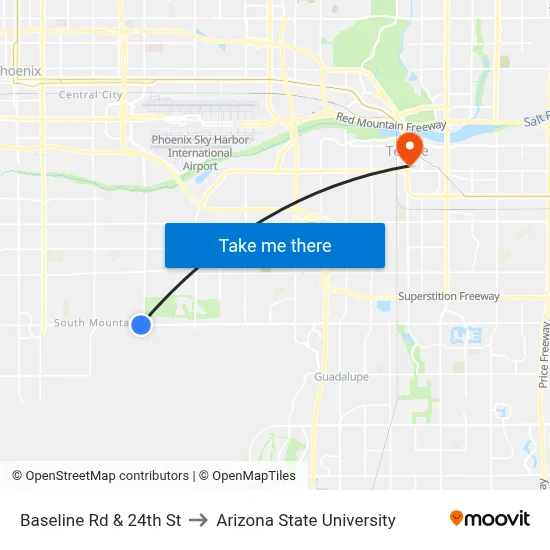 Baseline Rd & 24th St to Arizona State University map