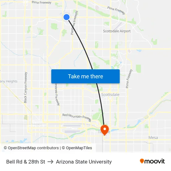 Bell Rd & 28th St to Arizona State University map