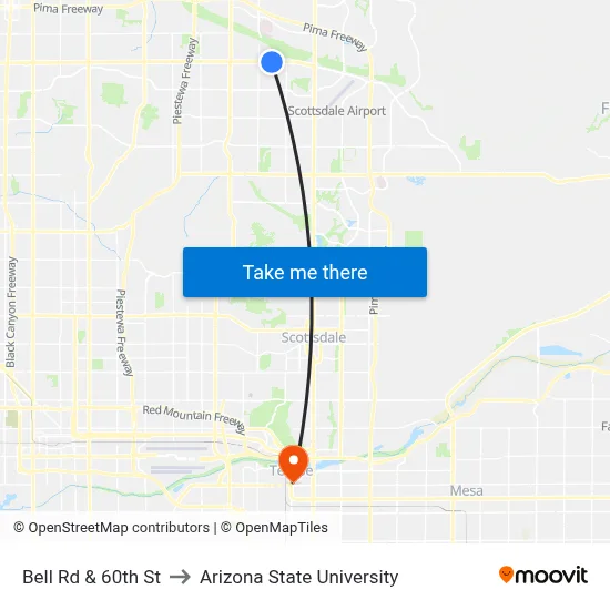 Bell Rd & 60th St to Arizona State University map