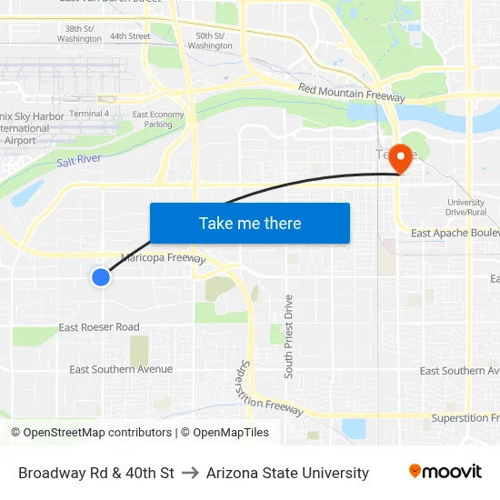 Broadway Rd & 40th St to Arizona State University map