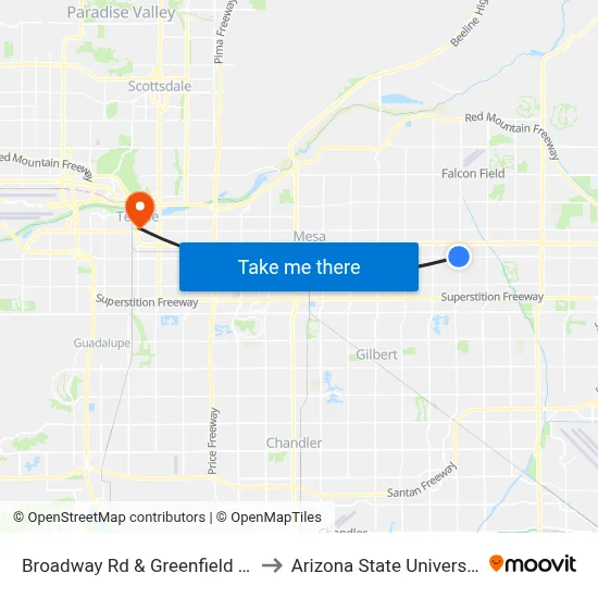 Broadway Rd & Greenfield Rd to Arizona State University map