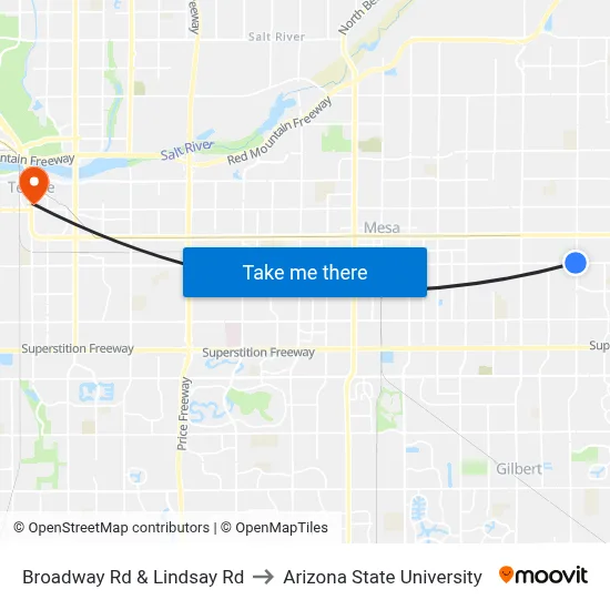 Broadway Rd & Lindsay Rd to Arizona State University map