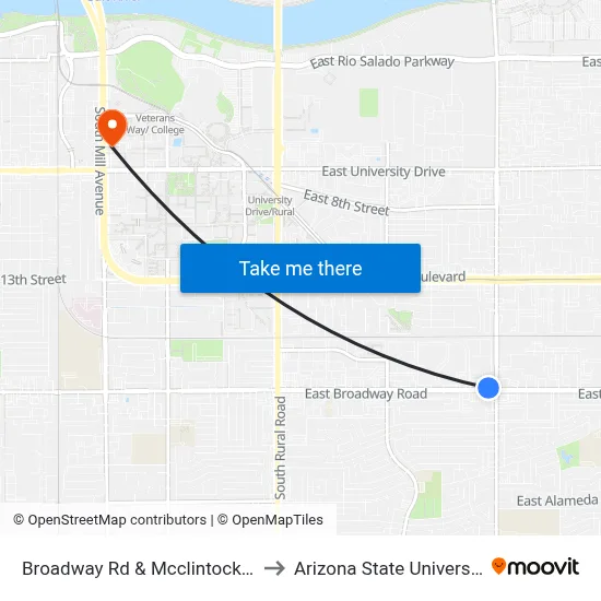 Broadway Rd & Mcclintock Dr to Arizona State University map