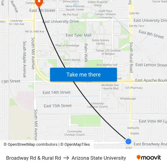 Broadway Rd & Rural Rd to Arizona State University map