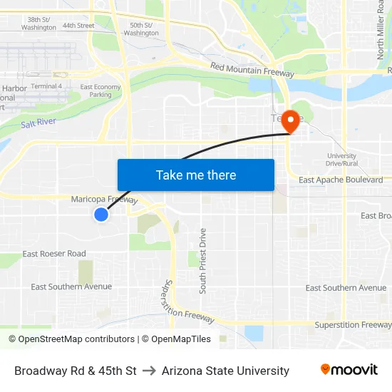 Broadway Rd & 45th St to Arizona State University map