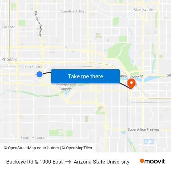 Buckeye Rd & 1900 East to Arizona State University map