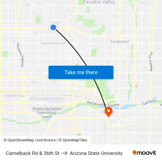 Camelback Rd & 36th St to Arizona State University map