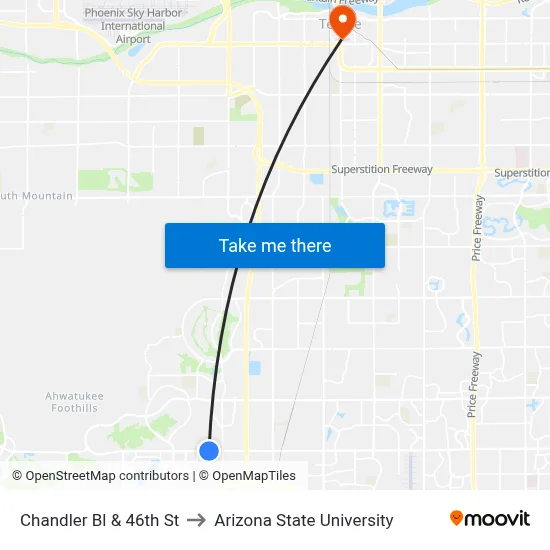 Chandler Bl & 46th St to Arizona State University map