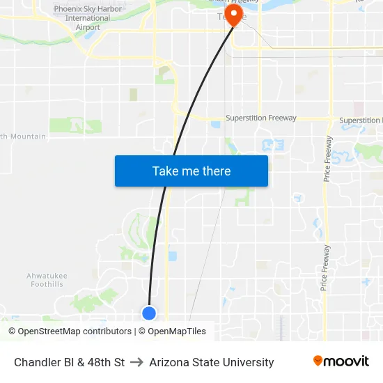 Chandler Bl & 48th St to Arizona State University map