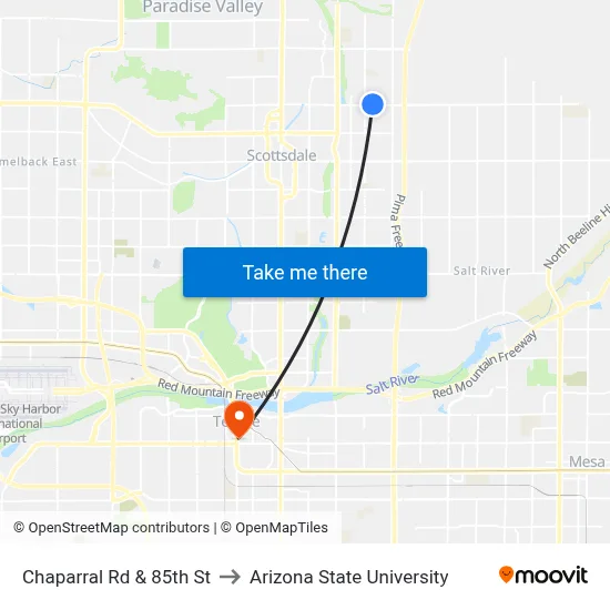 Chaparral Rd & 85th St to Arizona State University map