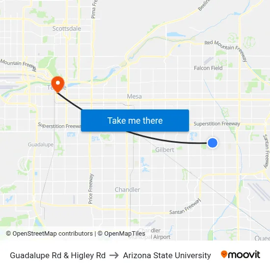 Guadalupe Rd & Higley Rd to Arizona State University map