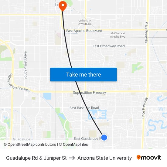 Guadalupe Rd & Juniper St to Arizona State University map