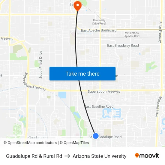 Guadalupe Rd & Rural Rd to Arizona State University map