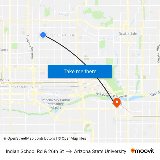 Indian School Rd & 26th St to Arizona State University map