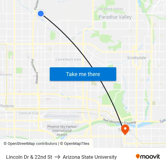Lincoln Dr & 22nd St to Arizona State University map
