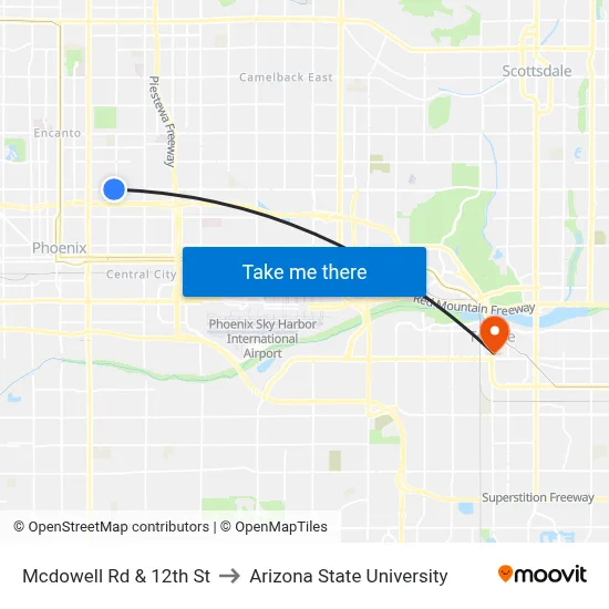 Mcdowell Rd & 12th St to Arizona State University map