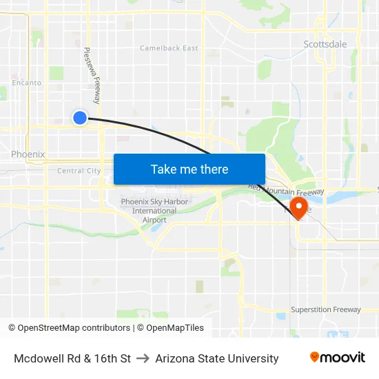 Mcdowell Rd & 16th St to Arizona State University map