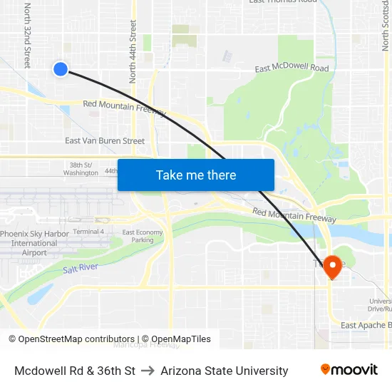 Mcdowell Rd & 36th St to Arizona State University map