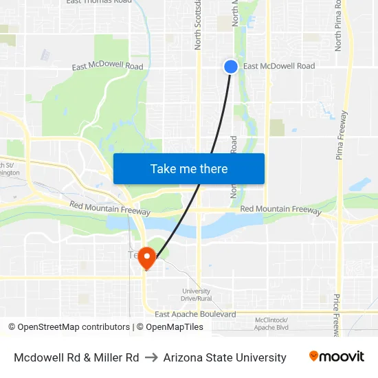 Mcdowell Rd & Miller Rd to Arizona State University map