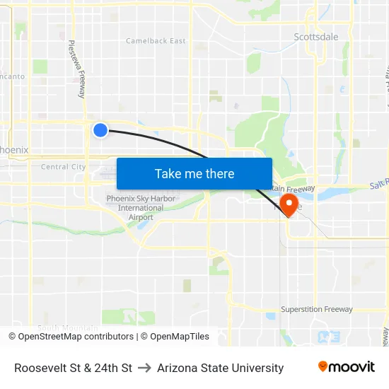Roosevelt St & 24th St to Arizona State University map
