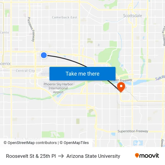 Roosevelt St & 25th Pl to Arizona State University map