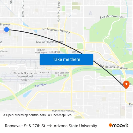 Roosevelt St & 27th St to Arizona State University map