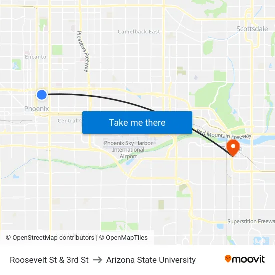 Roosevelt St & 3rd St to Arizona State University map