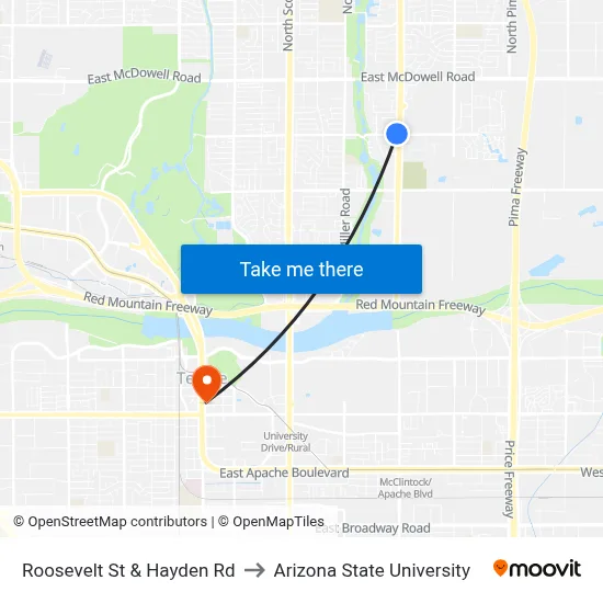 Roosevelt St & Hayden Rd to Arizona State University map