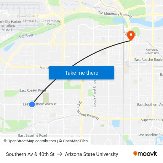 Southern Av & 40th St to Arizona State University map