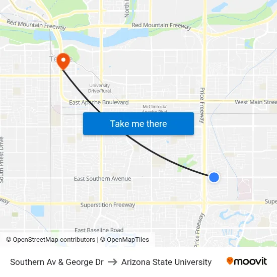 Southern Av & George Dr to Arizona State University map