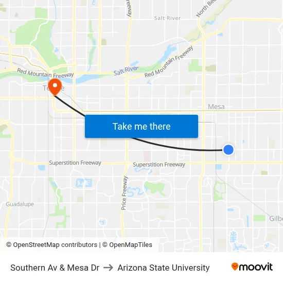 Southern Av & Mesa Dr to Arizona State University map