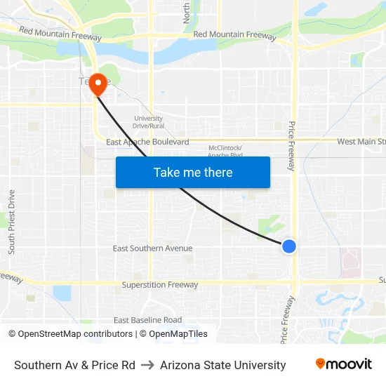Southern Av & Price Rd to Arizona State University map