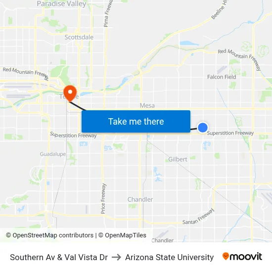 Southern Av & Val Vista Dr to Arizona State University map