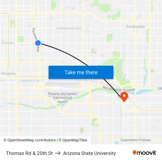 Thomas Rd & 20th St to Arizona State University map
