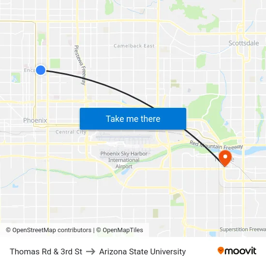Thomas Rd & 3rd St to Arizona State University map