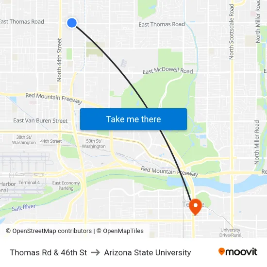 Thomas Rd & 46th St to Arizona State University map