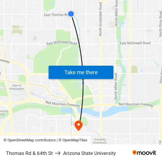 Thomas Rd & 64th St to Arizona State University map