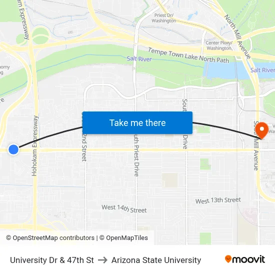 University Dr & 47th St to Arizona State University map