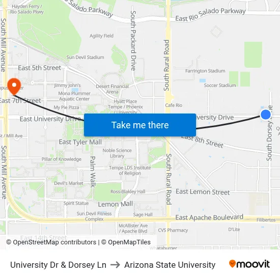 University Dr & Dorsey Ln to Arizona State University map