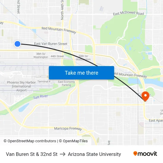 Van Buren St & 32nd St to Arizona State University map