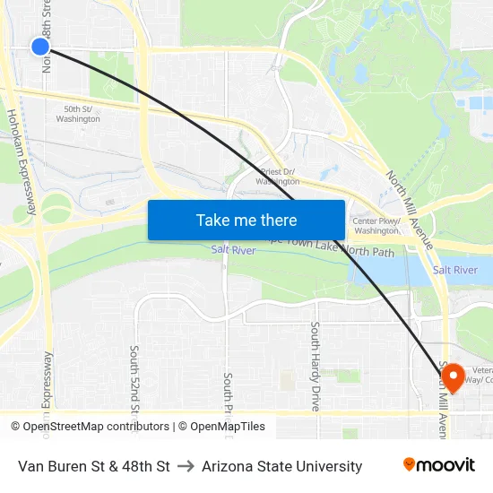 Van Buren St & 48th St to Arizona State University map