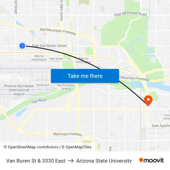 Van Buren St & 3330 East to Arizona State University map
