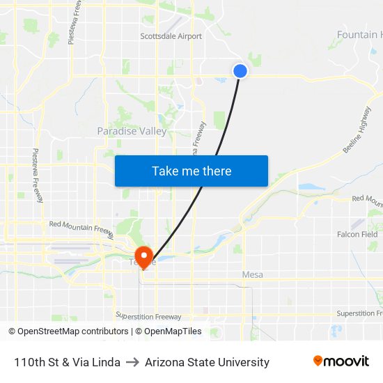 110th St & Via Linda to Arizona State University map