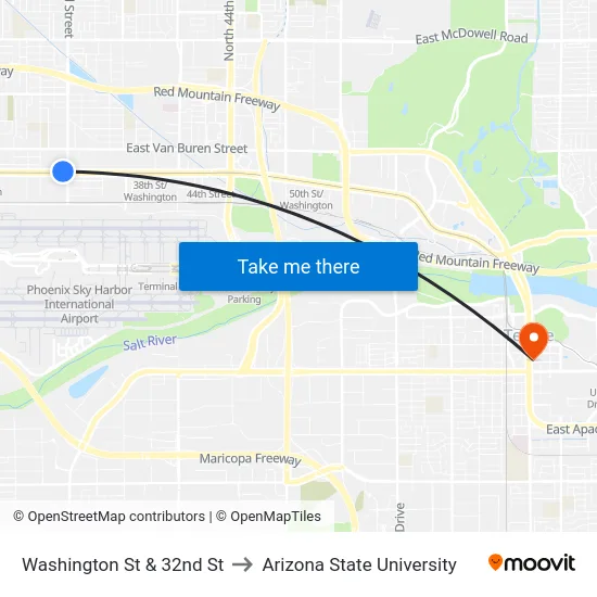 Washington St & 32nd St to Arizona State University map