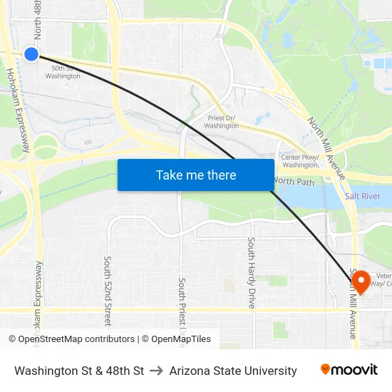 Washington St & 48th St to Arizona State University map
