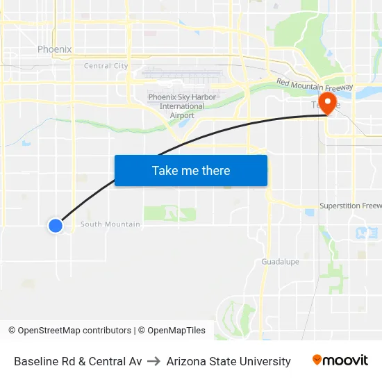 Baseline Rd & Central Av to Arizona State University map