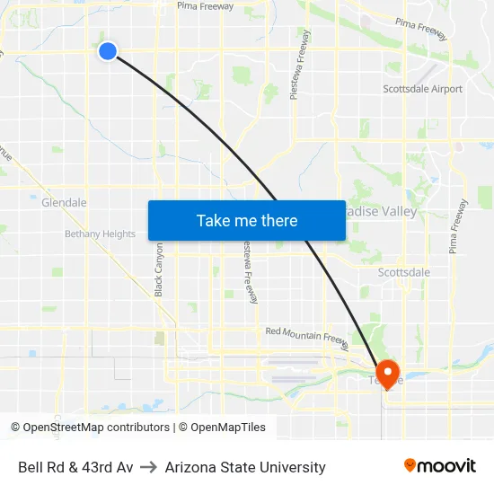 Bell Rd & 43rd Av to Arizona State University map