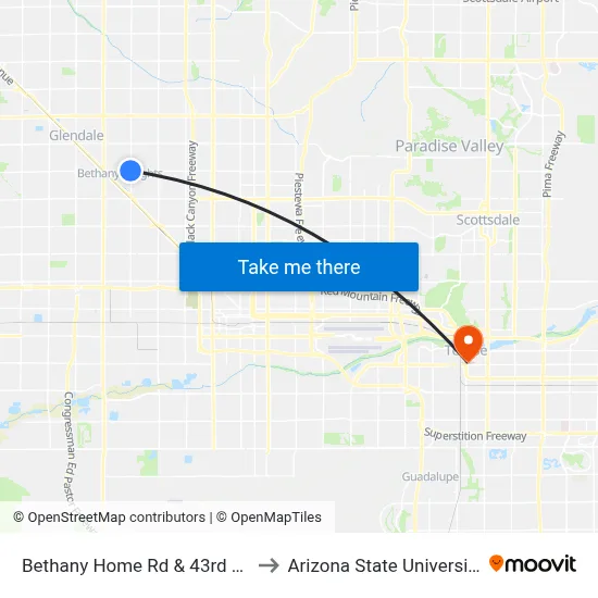 Bethany Home Rd & 43rd Av to Arizona State University map